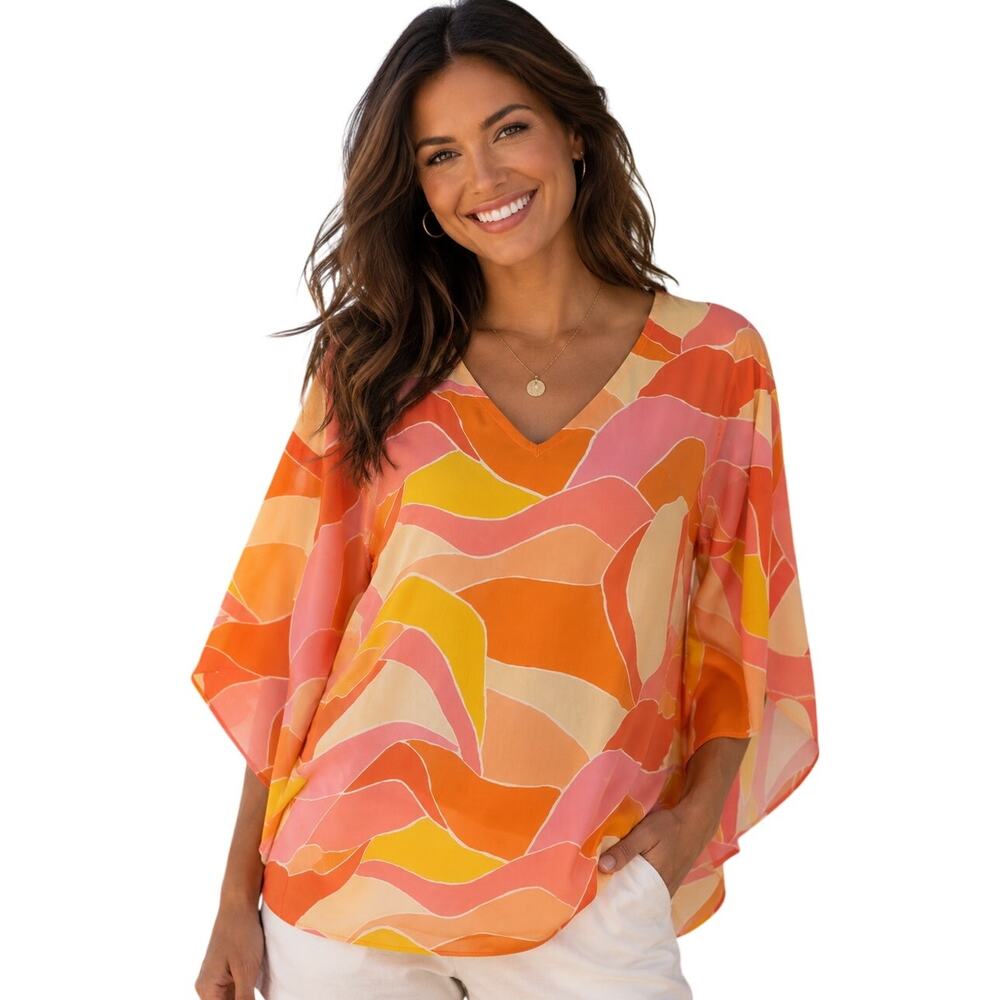 Belle by Kim Gravel Woven Aloha Poncho Womens XL Sunshine Waves Pink Flowy Boho